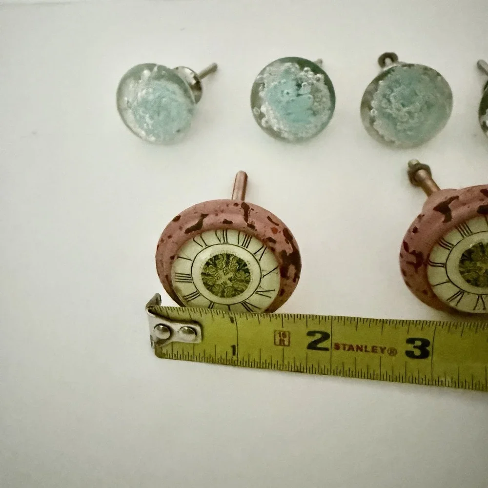 Four Clear And Blue Glass Knobs And Two Shabby Chic Pink Clock Knobs
